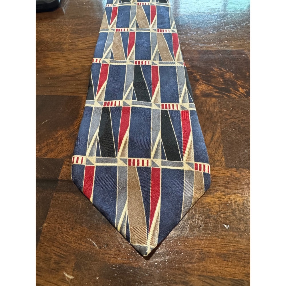 Retro Design Studios Mens Silk Tie Navy Blue Red Geometric Abstract Pattern